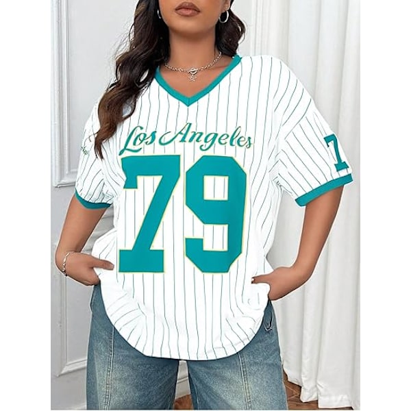 Oversized sweater til damer med V-hals, stribet digital grafisk skjorte, afslappet streetwear T-shirt toppe - Large - Grøn
