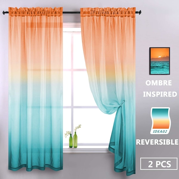 Stue Orange og Turkis Gardiner 213 cm Lange Gennemsigtige Ombre 70'er Vintage Gardiner Soveværelse 2 Panel Gardiner Mintgrøn og Turkis