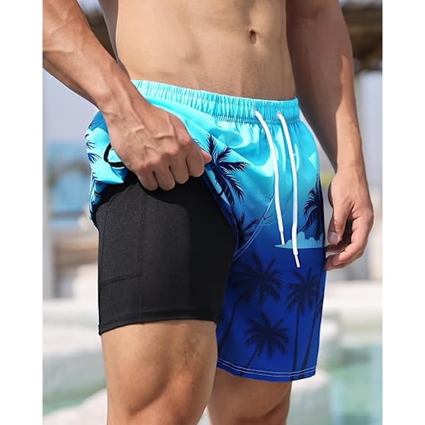 Badbyxor för män med kompressionsfoder, strandshorts, snabbtorkande badshorts, baddräkt med dragkedja - storlek L