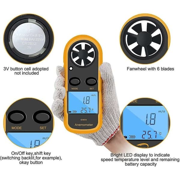 Luftfart/Navigasjon LCD Digitalt Vindmåler (med batteri)