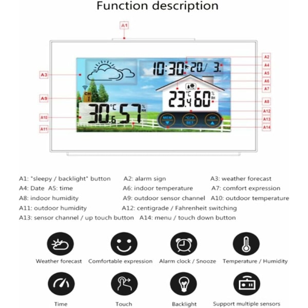 Trådløs værstasjon med sensorer utendørs, innendørs utendørs barometer hygrometer termometer, LCD berøringskontroll digital værstasjon, w