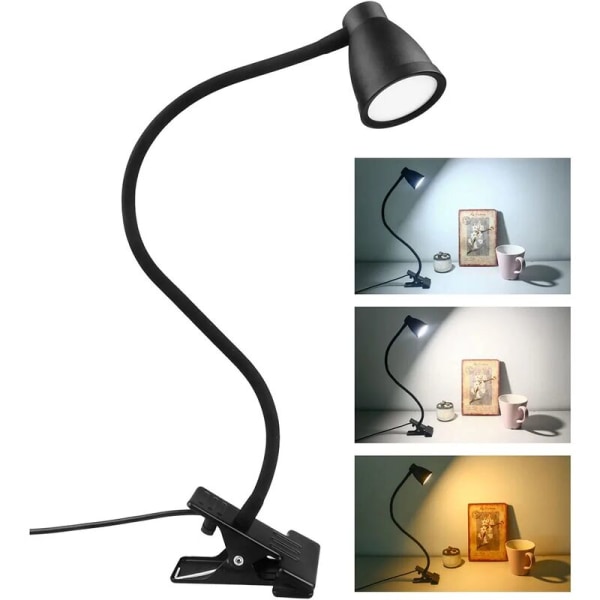 LED Clamp -pöytälamppu, 3 väriä, 5 säädettävää kirkkautta, USB Clamp yövalaisin, silmiensuojaus 360° joustava lukulamppu opiskeluun ja työhön