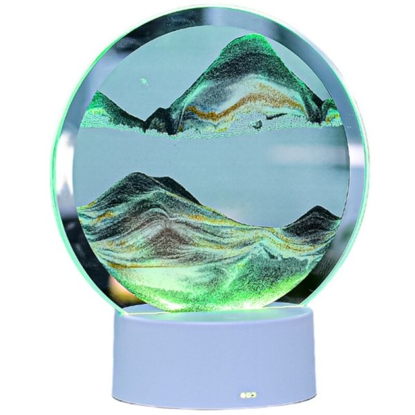 Naturligt landskap flödande sand bildkonst timglas, grön färgglad rund transparent målning glas