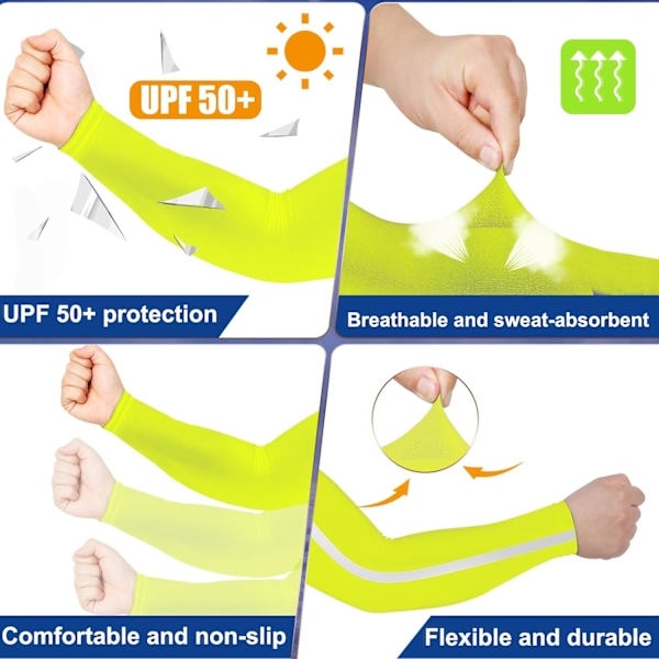 6 Par Ärmar UV-Skydd Reflexremsa Solskydd Kylärmar UPF50 Armkompressionsärmar Fluorescerande Gul