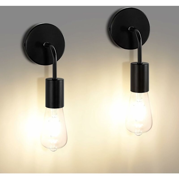 Svart vegglampe, 2 stk. E27 Edison industrielle leselys for nattbord soverom korridor trapp innendørs retro nattlys belysning bad