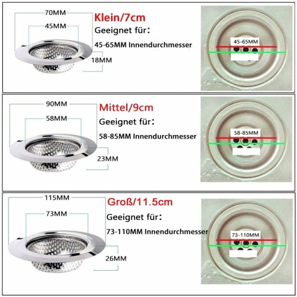 Viemärisihti 2 kpl, 7 cm ruostumaton teräs keittiön lavuaari suihku amme, eri koot ovat 3,6 cm-11 cm universaali sihti suihkuviemäri