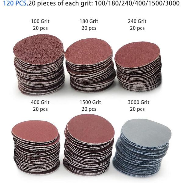 120 stk. 25 mm slibeskiver med 3,2 mm skaft til Dremel og de fleste roterende værktøjer, 100/180/240/400/1500/3000 korn sandpapir