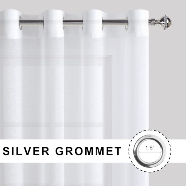 Hvite, transparente gardiner 213 cm lange - Halvtransparente paneler med maljer (sett med 2) - 132 cm brede med knytebånd for soverom og stue
