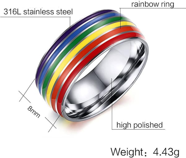 8mm Rustfritt Stål Emalje Regnbue LGBT Pride Ring for Kvinner og