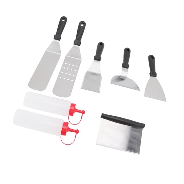 6 stk. stekespade i rustfritt stål med 2 flasker, solid håndtak for hjemmecamping
