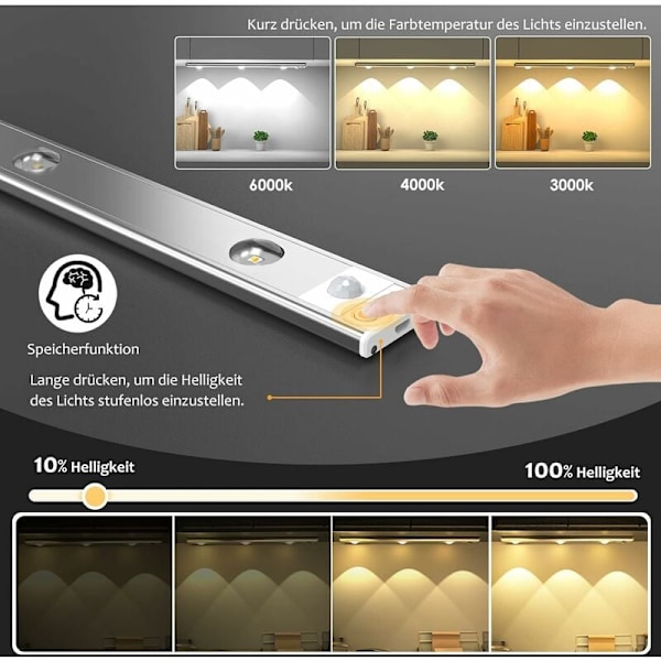 40cm Bevægelsessensor Skab Lampe, Justerbar Genopladelig USB Trådløs LED Skab Lampe 3000K-6000K LED Belysning Studie Køkken Natlys Skab