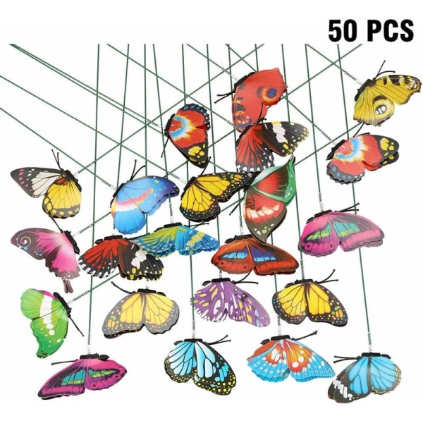 Set med 50 färgglada fjärilar 7 cm för trädgårdsdekoration på fjärilsstavar för uteplats, gräsmatta, fjärilar