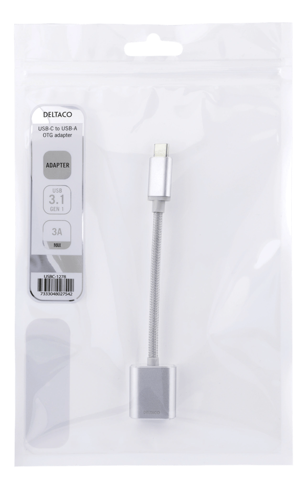 USB-C 3.1 Gen 1 til USB-A OTG-adapter, aluminium, hvit pose, sølv