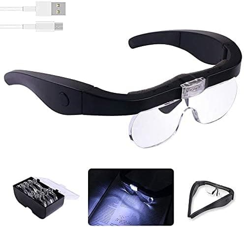 Hovedforstørrelsesglas med 2 LED-lys, USB-opladning, håndfri, briller
