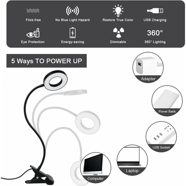 Lukuvalot, pidikevalo 48 LED USB-pöytälamppu, jossa 3 väritilaa 11 kirkkautta, 360° joustava hansiklipsilamppu 8W LED-kiinnitinlamppu, pidike-