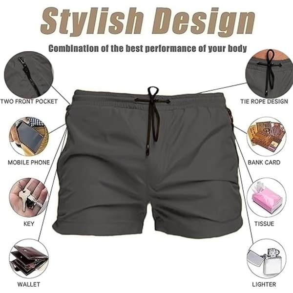 Hurtigtørkende Badeshorts for Menn, Lommer med Glidelås, Mesh-forede Shorts - Størrelse L - Sølvgrå