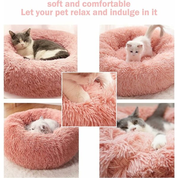 Rund blød katte- og hundeseng - Plys beroligende anti-stress katte- og hundepude, vaskbar behagelig donut seng til små mellemstore hunde kat (Pink, 60cm)