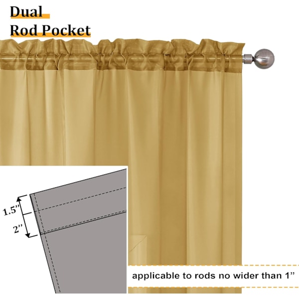 Guldskira Gardinger 213 cm Långa - 2-pack (356 cm Total Bredd) - Ljusfiltrerande Dubbel Kanal för Sovrum/Kök/Barnrum