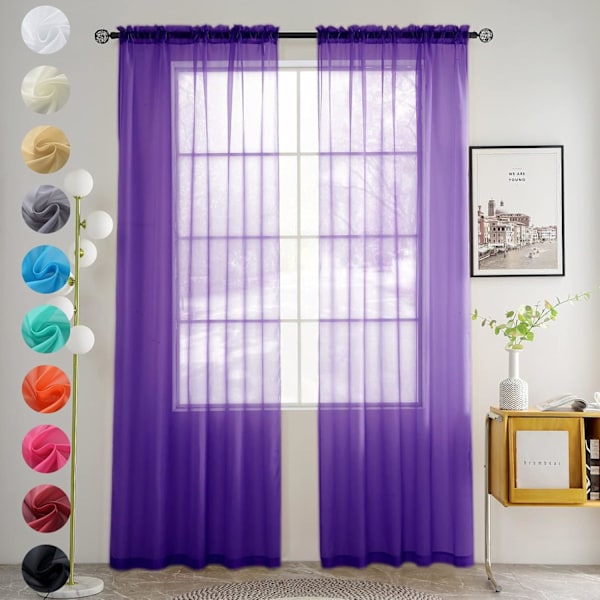 Ensfarvede, transparente gardiner - 140x229 cm stanglomme paneler (sæt med 2) - Hvid/Beige/Sort/Grå/Kaffe/Lilla til soveværelse og køkken