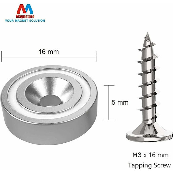 Magneetit 6 kg voima 16 x 5 mm reiällä ja kapselilla, upotettu pottimagneetti ruuveilla - 12 kpl