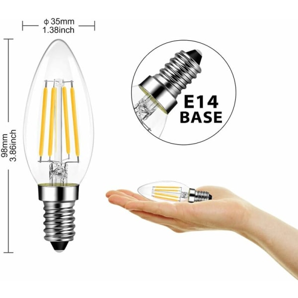 6x E14 C35 4W LED Filamentpære, tilsvarende 40W halogenpære, 470 lumen, AC 220-240V -2700K - Strålevinkel 270 ° - Varmhvit