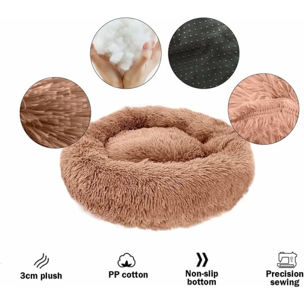 Round Soft Cat and Dog Bed - Plush Soothing Anti-Stress Cat and Dog Cushion, Washable Comfy Donut Bed for Small Medium Dog Cat (Coffee,60cm)