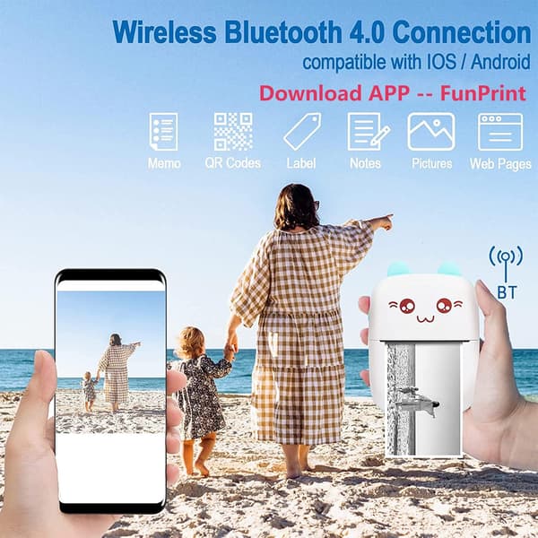 Mini Bluetooth Termisk Printer - Bærbar Trådløs Printer til Android/iOS - Udskriver Etiketter, Kvitteringer & Noter - Inkluderer 6 Ruller Papir - Hjem/Kontor/S