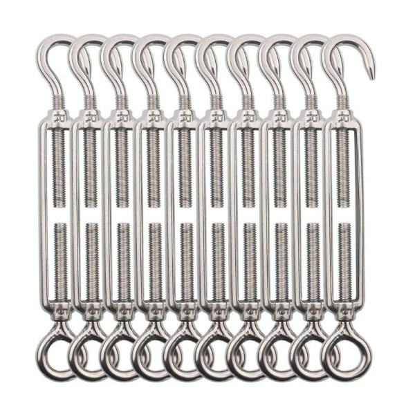 Pakke med 10 justerbare spændere i rustfrit stål, M4 lanterneøje og stålkrogspændebeslag, der bruges til at spænde ståltråd