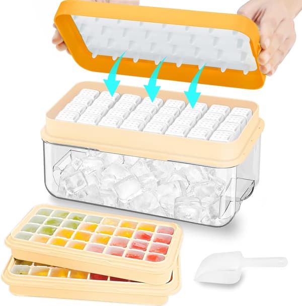 Isbitsform - med lock och soptunna, med is-skopa, isbits Pop-Up form, isbitsformar, BPA-fri, 64-delars isbitsformsset (Orange)