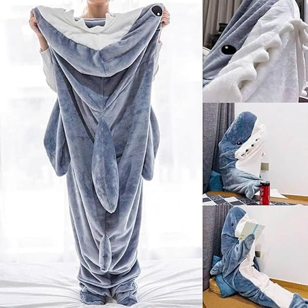 Hajfilt med huva för vuxna, bärbar hajsovsäck, mjuk och bekväm onesie storlek L