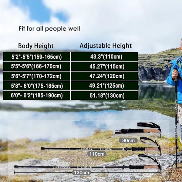 Letvægts vandrestave, foldbare vandrestave, sammenklappelige vandrestave i aluminium, 2 stk. vandrestave med korkgreb