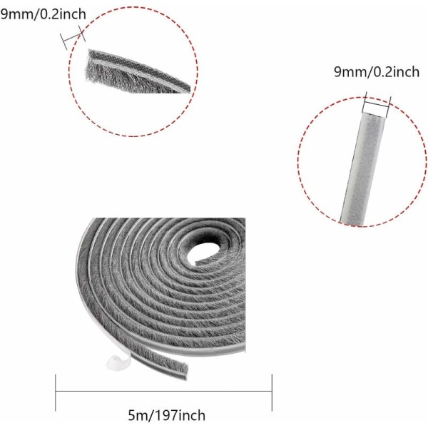 5m børstelist vindtett støvtett selvklebende børstetetning for bevegelige vinduer og dører 9mm bredde x 9mm høyde (grå)
