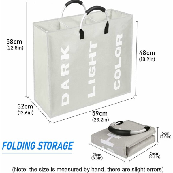 Taitettava pyykkikori (80L, 60x32x49), 3 osastoa rengaskahvalla, suurikapasiteettiset pyykkikorit värikkäille, valkoisille ja tummille vaatteille