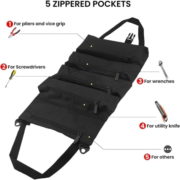 Multi-Function Tool Bag Roll-Up Tool Bag Portable Foldable Tool Storage Bag Tool Pouches with 5 Zippered Pockets for Electrician Plumber or