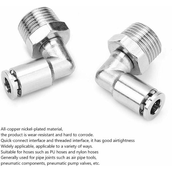 2 st helt koppar nickelpläterade snabbkopplingsslanganslutningar 8 mm pneumatisk snabbkoppling + 90 graders BSP-hanegänga (1/8\")