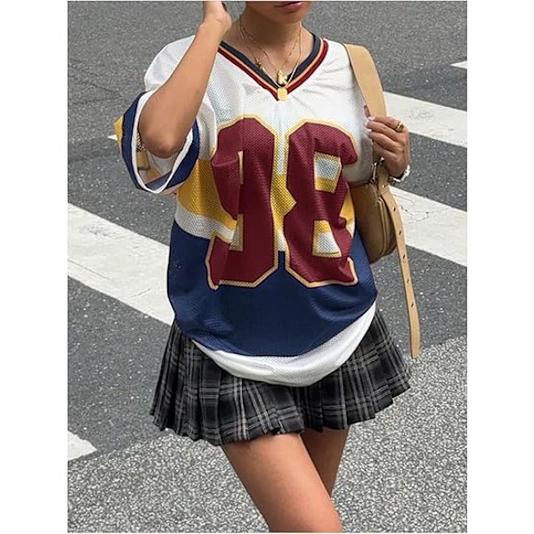 Dame Størrelse Stor Sweater Oversized V-Hals Digital Print T-Shirt Top - Størrelse L - Blå