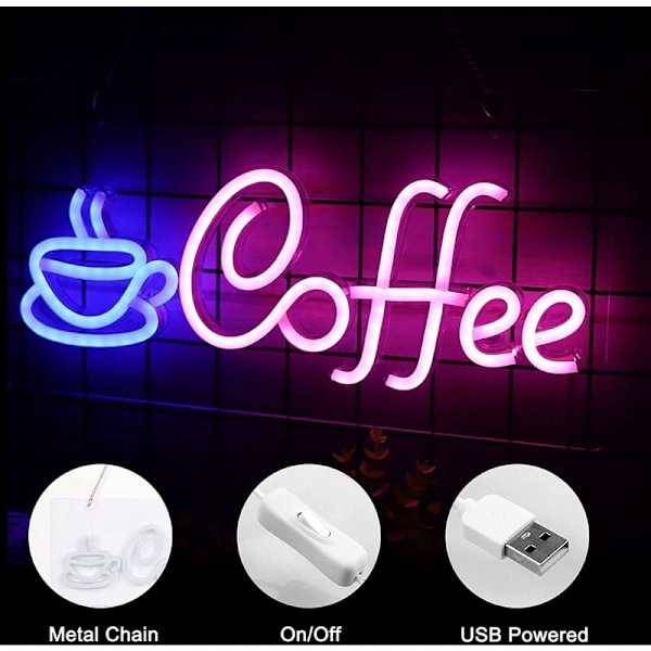 Kaféskylt, USB-driven kaféskylt med metallkedja, LED-kaféskyltar för väggdekor, kafé, restaurang