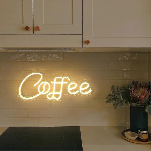 Kaffe LED Neonskylt, Varmvit Neonskylt för Väggdekor, USB-driven Ljusskylt med Strömbrytare