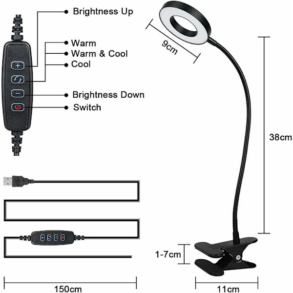 Lukuvalot, pidikevalo 48 LED USB-pöytälamppu, jossa 3 väritilaa 11 kirkkautta, 360° joustava hansiklipsilamppu 8W LED-kiinnitinlamppu, pidike-
