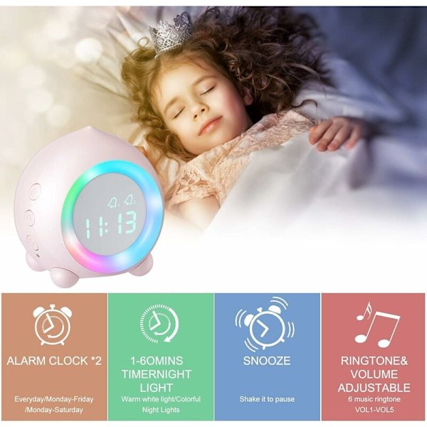 Barnklocka, USB-laddning digital LED-ljus, nattljus väckarklocka för flickor pojkar justerbar volym snooze väckarklocka rosa HIASDF