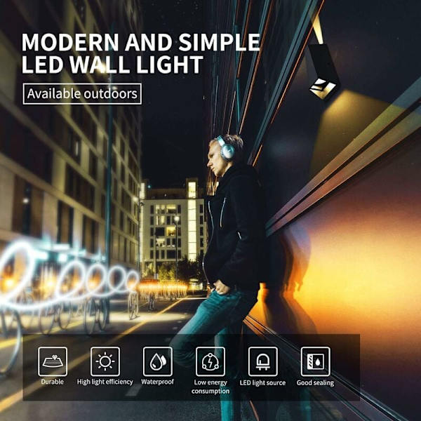 2-pakning vegglampe innendørs/utendørs, moderne vegglampe, vanntett vegglampe i aluminium IP54 for stue bad bad