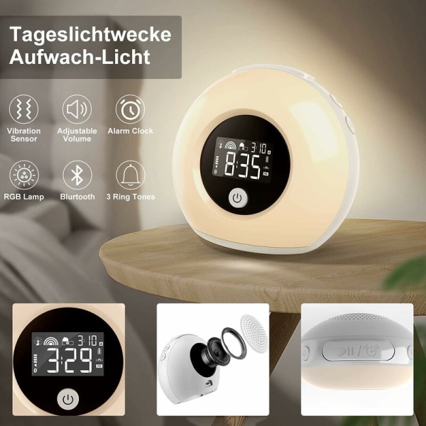 Herätysvalo Herätyskello - Herätyskello valolla - Lasten herätyskello Bluetooth-kaiuttimella - LED-yövalo tärinäanturilla - Moni
