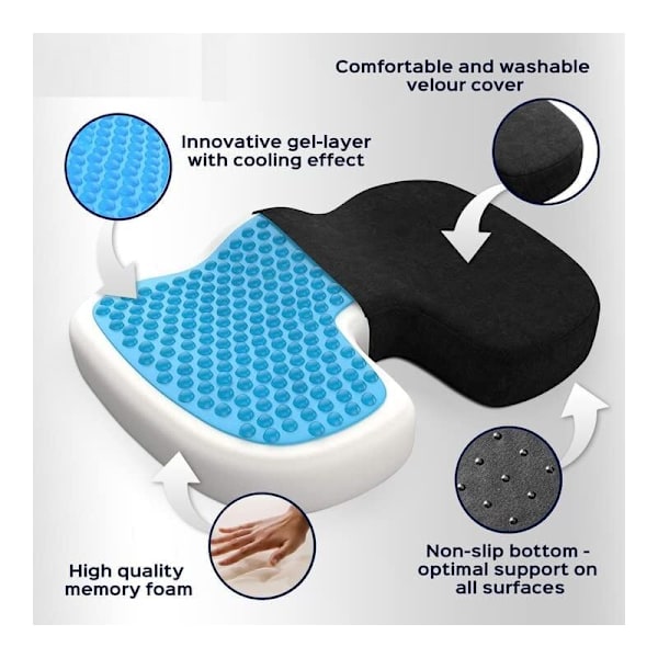 Coccyx-kudde mot trycksår med andningsbar gel, ergonomisk ortopedisk sittdyna i minnesskum för smärta i rygg, höft och coccyx