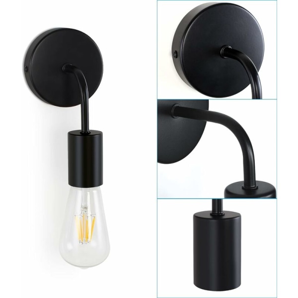 Svart vegglampe, 2 stk. E27 Edison industrielle leselys for nattbord soverom korridor trapp innendørs retro nattlys belysning bad