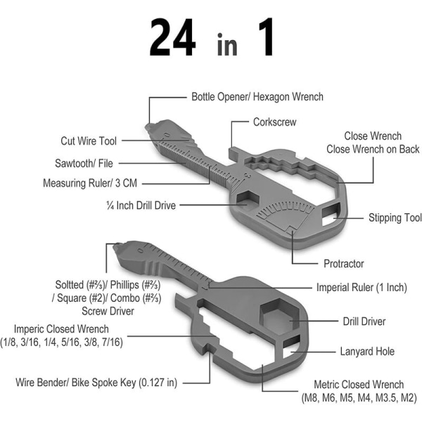 24 i 1 multiverktøy, skiftenøkkelformet lommeverktøy i rustfritt stål (grå)