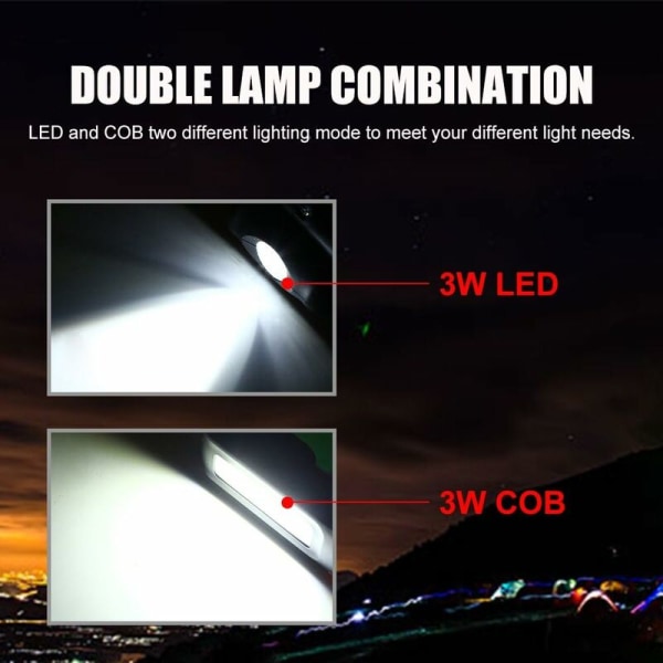 COB-kannettava LED-valo USB -ladattava COB-työvalo monitoimitaskulamppu ripustuskoukulla, magneettipidikkeet autokorjaukseen, retkeily
