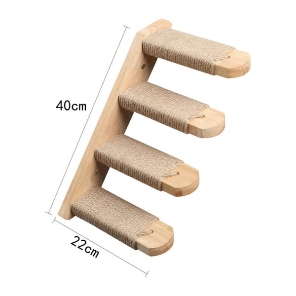 Väggmonterad klätterhylla för katt, fyr-stegs trappa med klösträd i jute, sittpinne, plattformstillbehör (universell för vänster och höger)-D