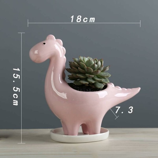 Succulent Pots with Drainage Tray 7 inch White Glazed Ceramic Dinosaur Pot for Indoor Succulent Planters Cactus Decor, PINK