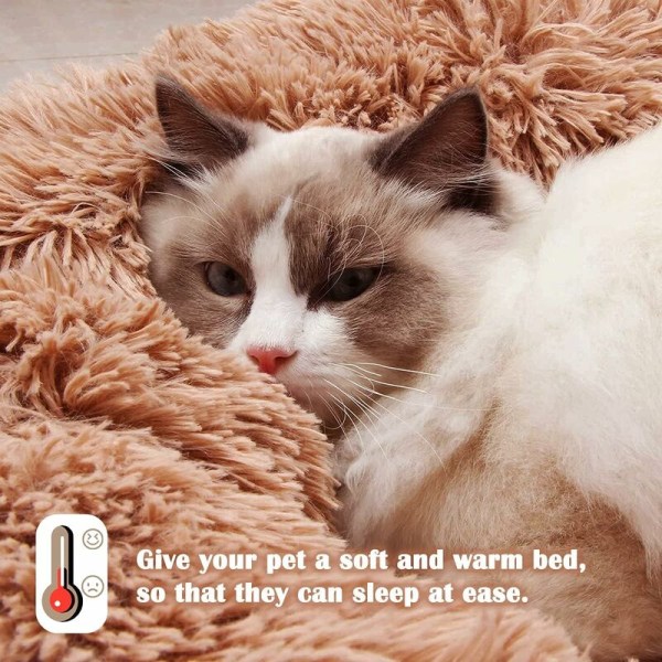 Rund blød katte- og hundeseng - Plys beroligende anti-stress katte- og hundepude, vaskbar behagelig donut seng til små mellemstore hunde kat (kaffe, 60 cm)