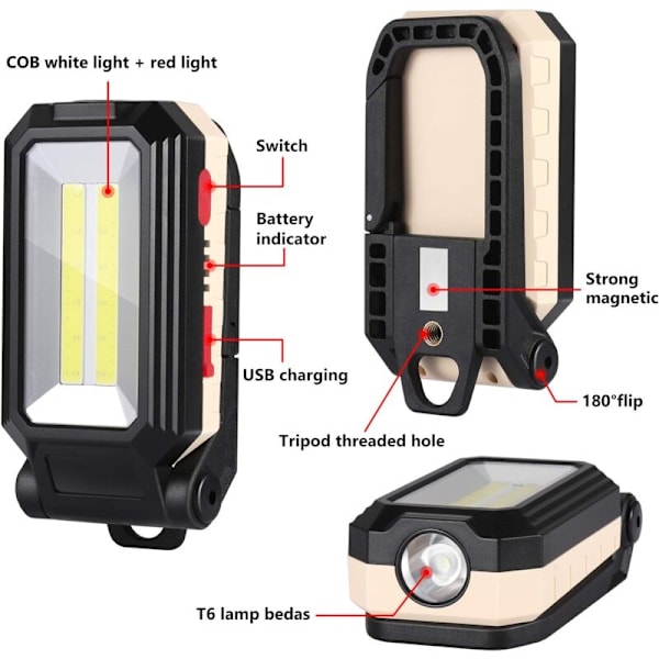 LED arbejdslys Campinglys Genopladelig LED projektør Genopladelig arbejdslys COB værkstedslampe lommelygte med magnetisk bund til Ga